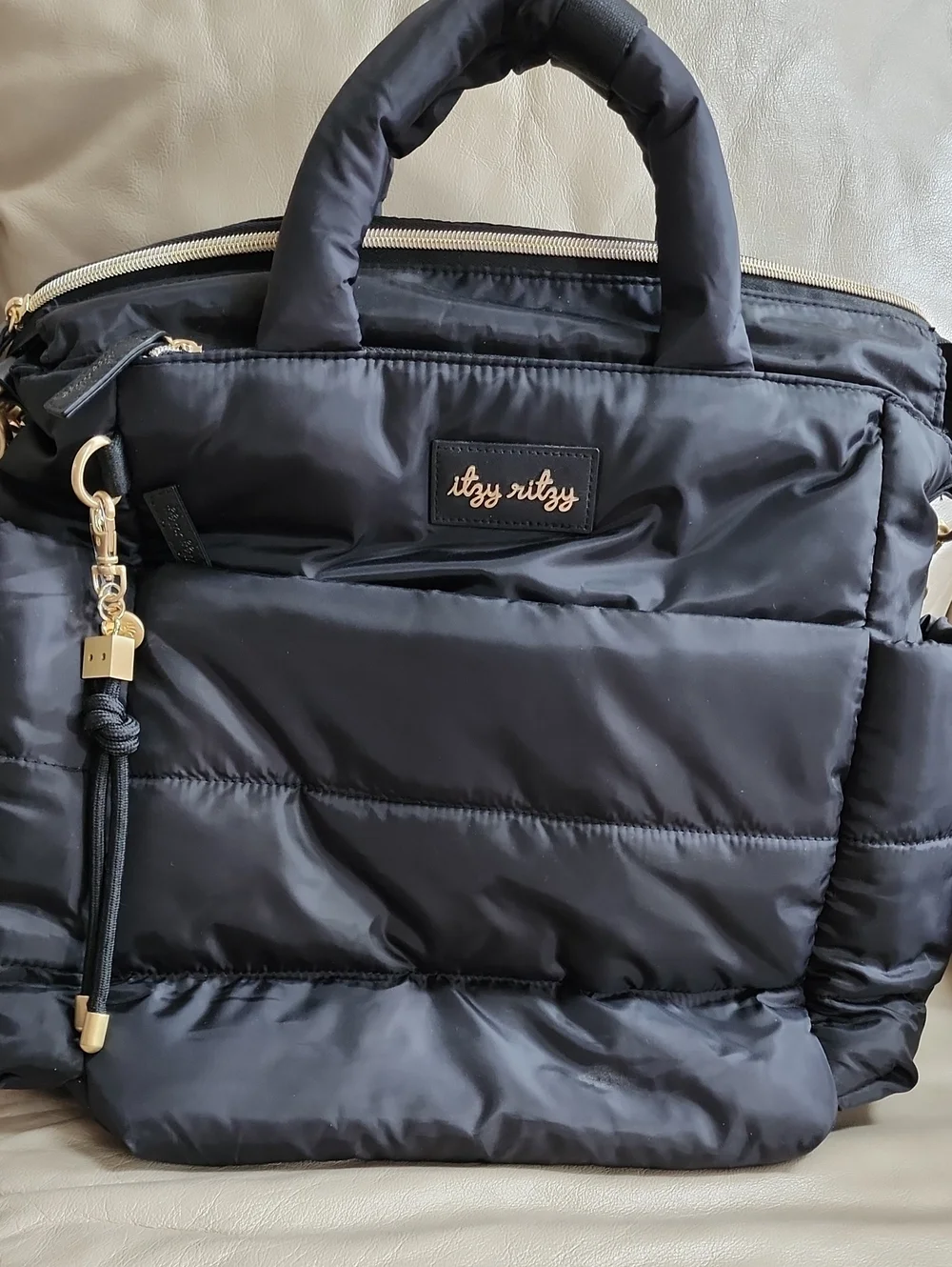 Itzy Ritzy Black Quilted Diaper Tote Bag with Gold Hardware Preowned